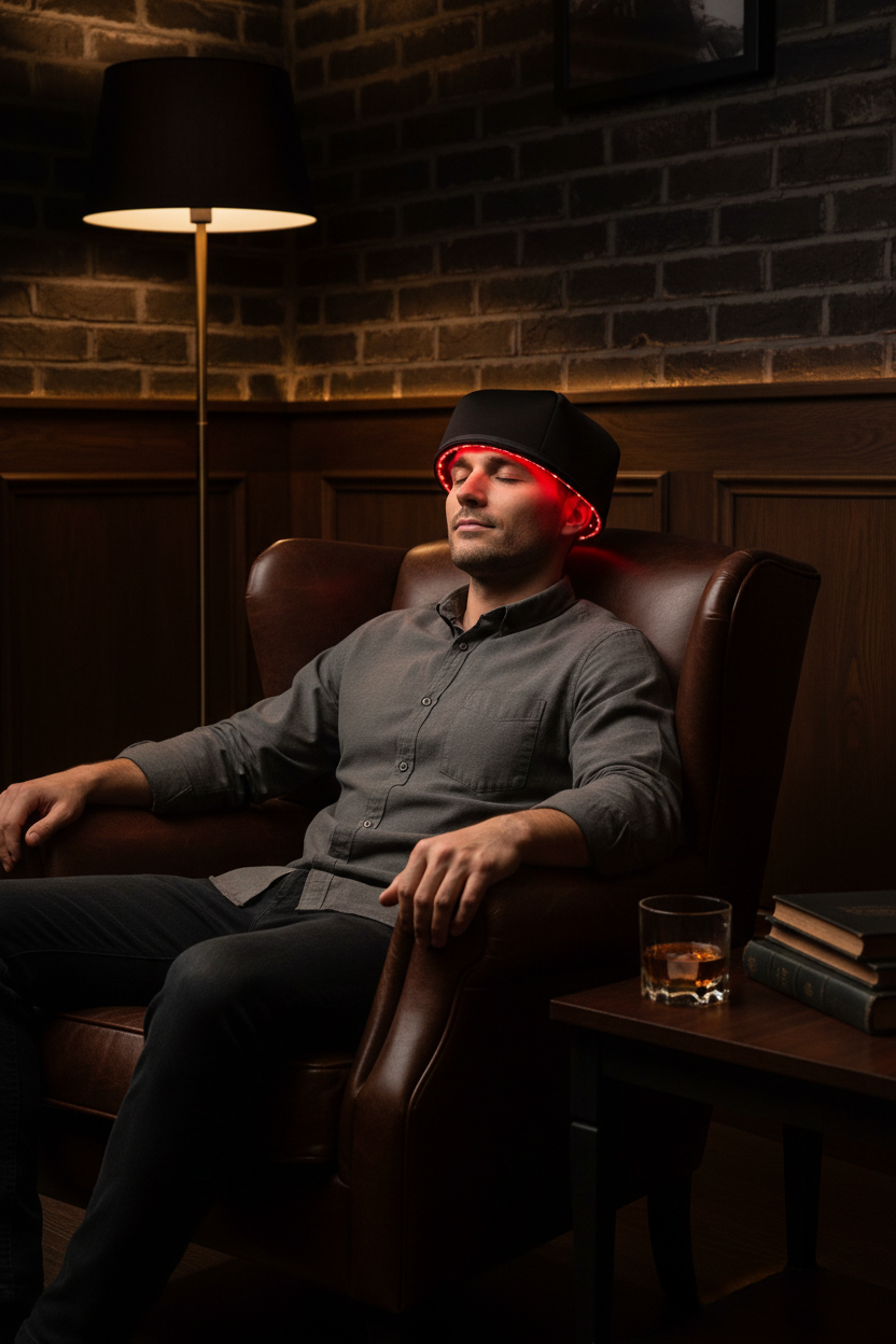 Man Wearing Red Light Cap — Mancave