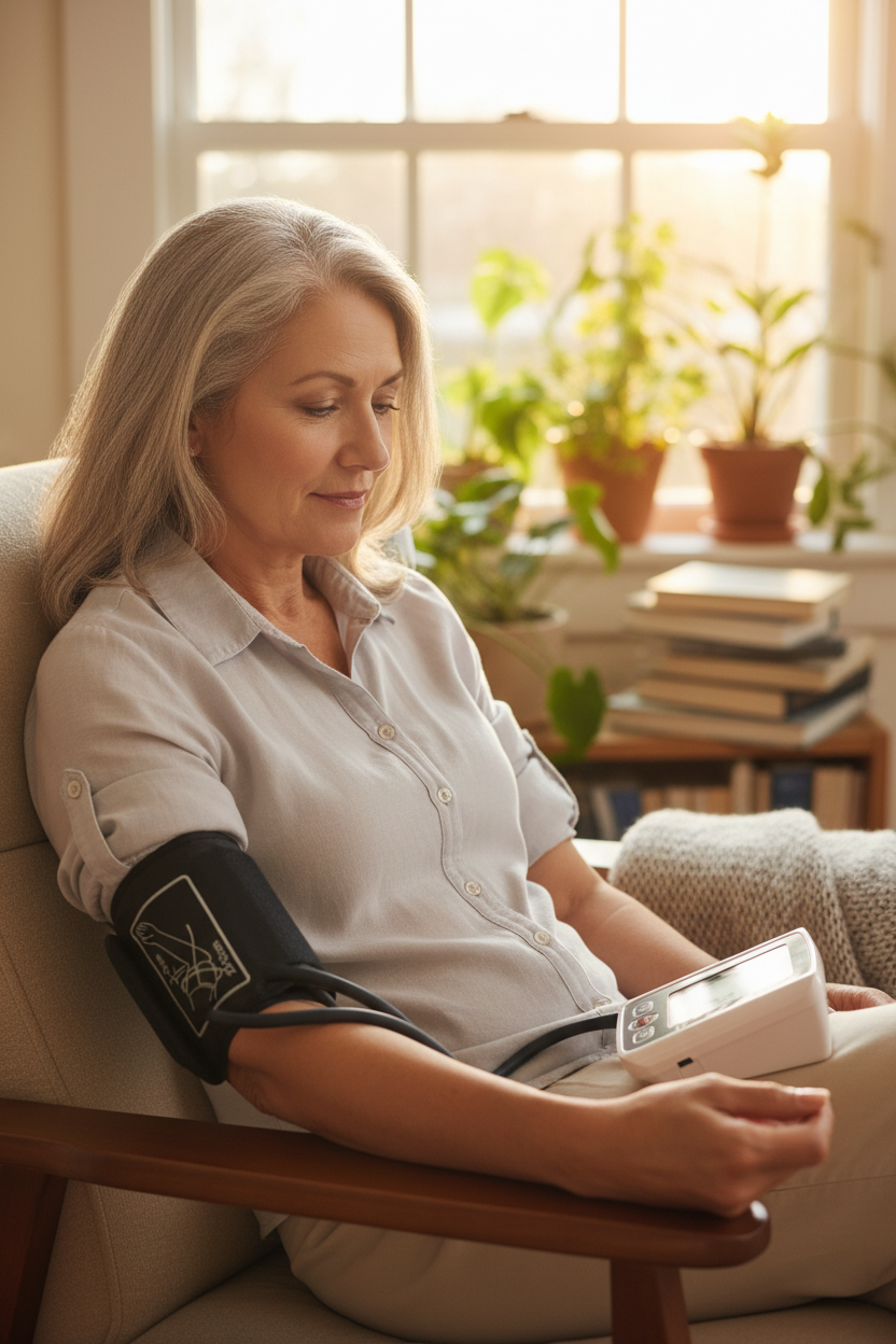 Portrait Lifestyle - Woman Using Blood Pressure Monitor