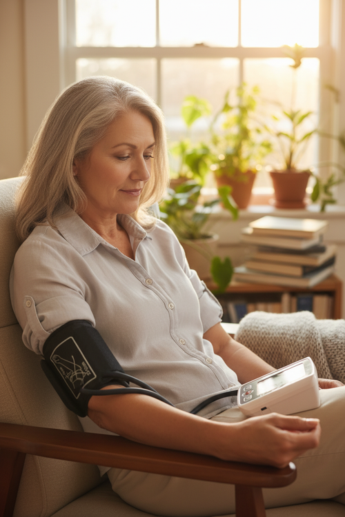 Portrait Lifestyle - Woman Using Blood Pressure Monitor