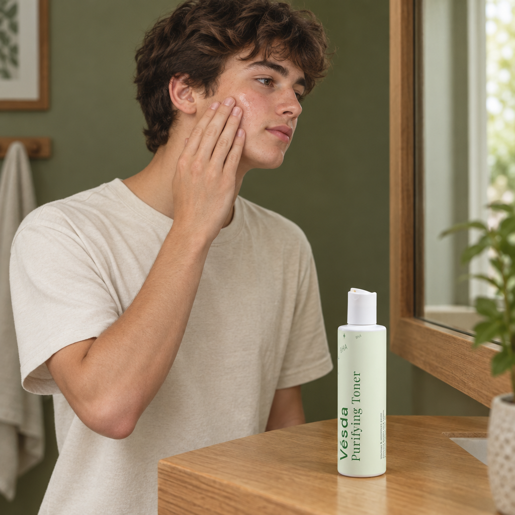 Teen applying toner beside an olive-toned bathroom vanity with Vésda bottle in the foreground
