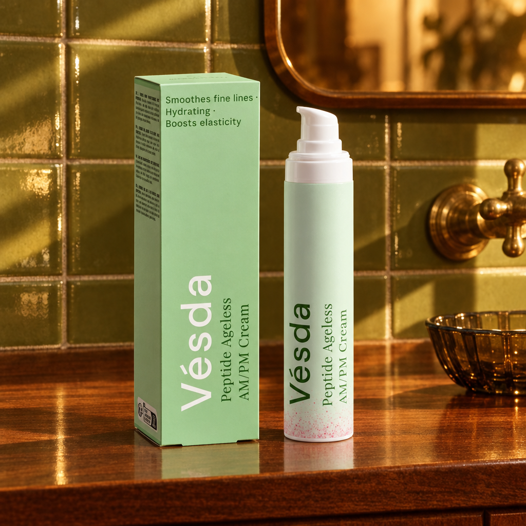 Vésda Peptide AM/PM Cream in a stronger 1970s avocado-green bathroom setting