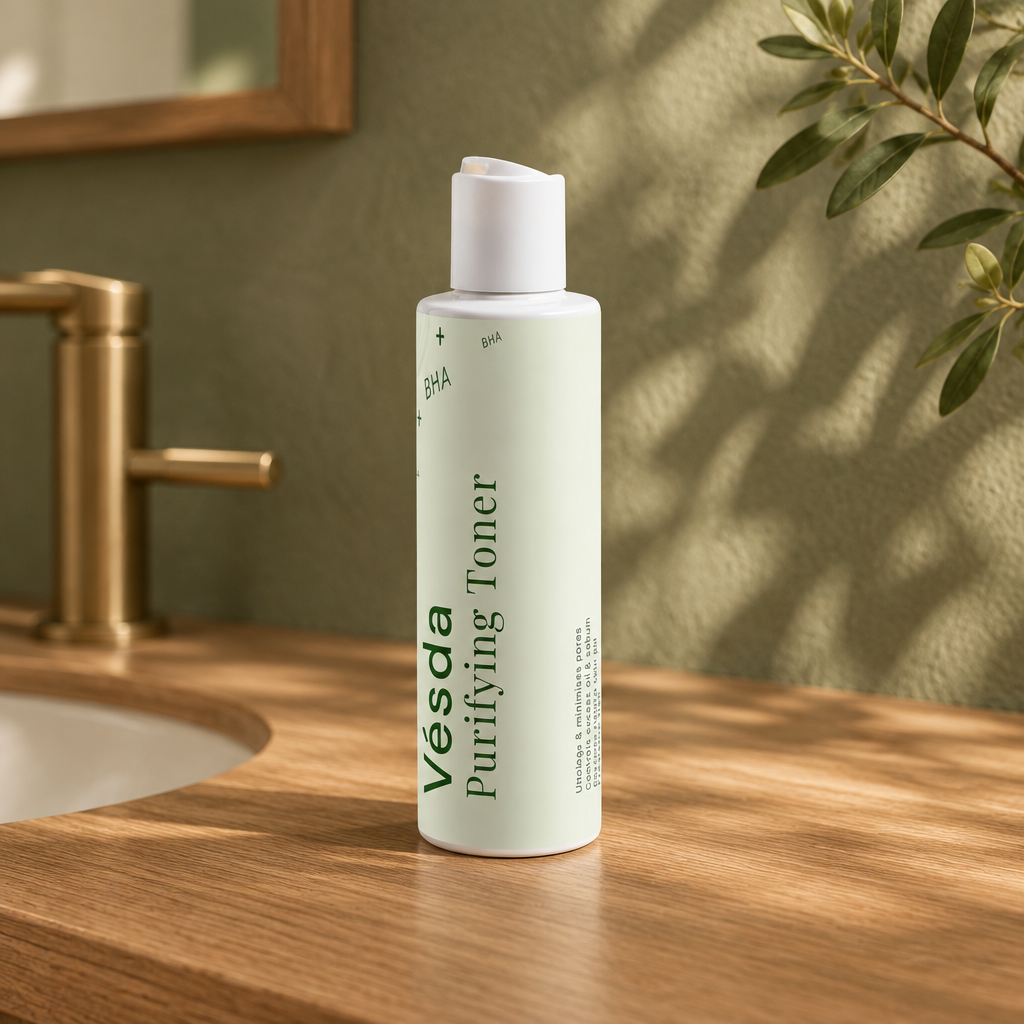 Vésda Purifying Toner in an olive-toned natural bathroom with warm wood and leafy shadows