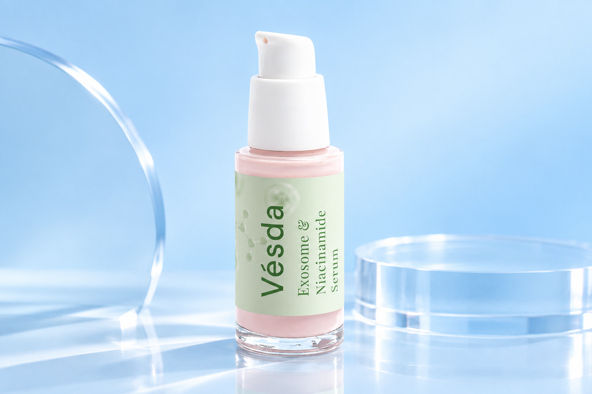 Vésda serum against a premium baby-blue background