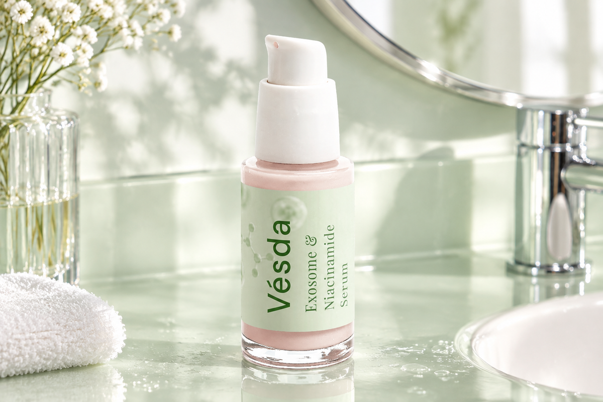Vésda serum in a glossy baby-green bathroom
